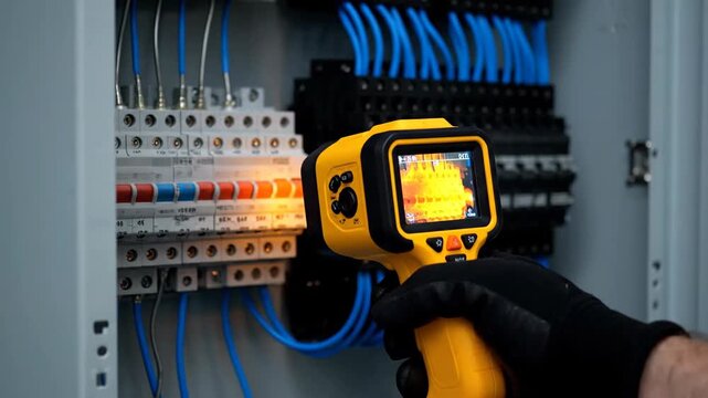 A yellow thermal imager inspecting an electrical panel with blue wires. The panel is inside a grey metal enclosure. A hand wearing a black glove holds the imager, capturing the industrial setting.