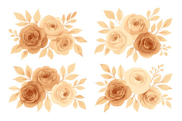 Elegant collection of four monochromatic rose flower arrangements with leaves in earthy brown and cream colors