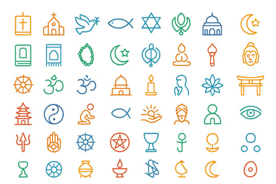 Colorful outline symbols representing major world religions, spirituality, and faith