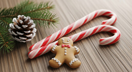 Close-up of gingerbread man, candy cane, pine cone and branch on wooden table, representing traditional holiday treats and festive atmosphere