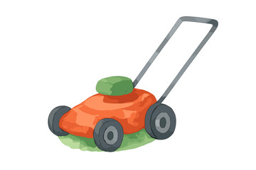 Simple gardening equipment featuring a colorful push lawn mower for yard maintenance