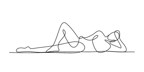 Continuous line art drawing of a minimalist female nude figure in a relaxed reclining pose, artistic simplicity and body contour outline