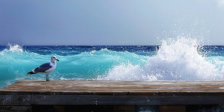 A seagull perched on a wooden pier, ocean waves crashing in the background