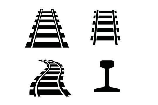 Black silhouettes of railway tracks and rail profile icons for transportation design