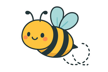 Obraz premium Cheerful flying honey bee character with big eyes and antennae following a dashed line path