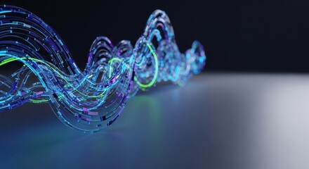 Abstract blue and green glowing digital waveform representing data or sound waves.