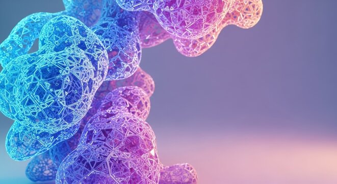 Abstract 3D network structures with glowing blue and purple light, symbolizing data, connections, and digital growth.