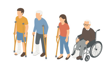 Diverse group of people with leg casts using mobility aids like crutches and a wheelchair