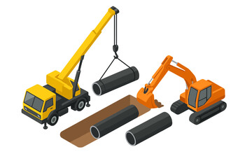Isometric construction site with crane truck and excavator installing underground pipeline © icon_art