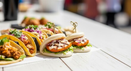 Delicious Assortment of Tacos and Bao Buns Served Outdoors