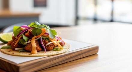 Delicious Fried Fish Taco with Fresh Toppings and Lime Wedge