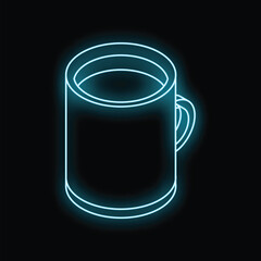 Blue neon sign showing a full coffee mug glowing on black background