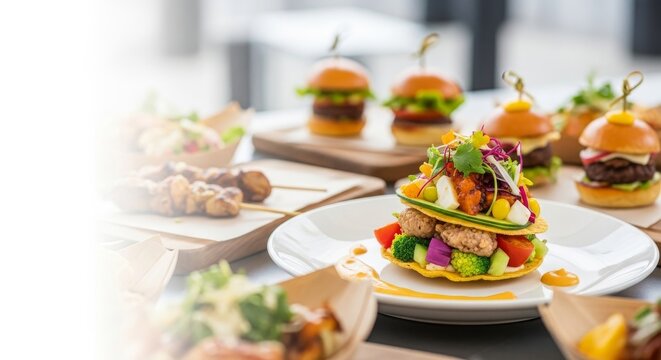 Gourmet Mini Burgers and Healthy Stacked Salad Bites on a Table - Powered by Adobe