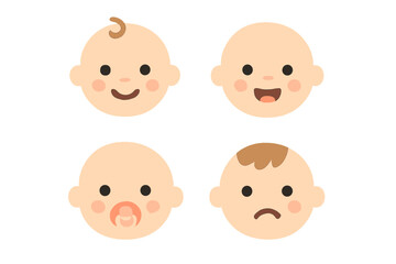 Set of four adorable baby faces showing various emotions and expressions like smiling, sadness, and joy