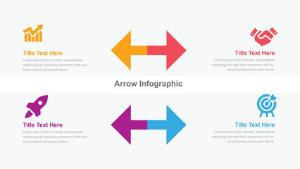 Colorful Arrow Infographic Featuring Business Icons Growth Chart, Shaking Hands, Rocket, and Target Symbol