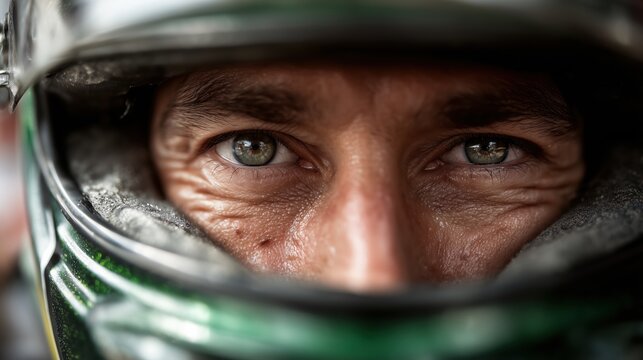 Portrait intense d'un pilote automobile concentr&eacute; dans son casque