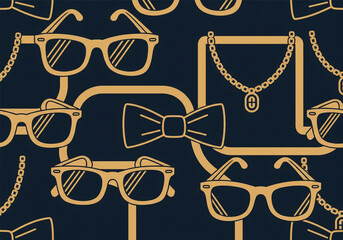 Stylish Vintage Accessories Pattern: Glasses, Bow Tie, and Necklace on Dark Blue Background
