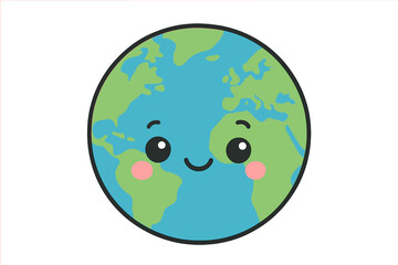 Cute smiling Earth globe character with rosy cheeks and happy expression on white background