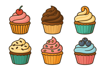 Assortment of six colorful sweet cupcakes with various frosting flavors and toppings