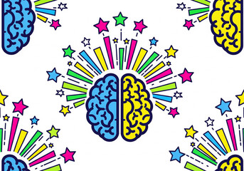 Vibrant illustration of a stylized brain exploding with colorful stars and rays of light, symbolizing creativity and ideas.