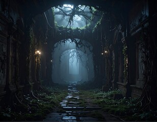 A stone corridor, overgrown with greenery, stretches into the fog. Arches and light fixtures line the walls, shrouded in mystery