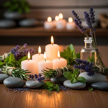 Relaxing Spa Scene with Candles, Lavender, and Essential Oil.