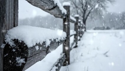 Snow falling on a wooden fence in a winter landscape. - Powered by Adobe