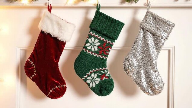Three festive Christmas stockings hanging on a white wall, ready for gifts.