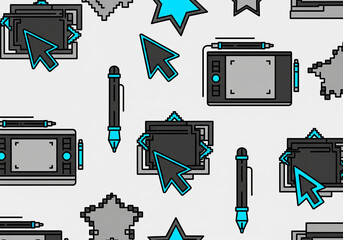 Digital Art Tools Seamless Pattern: Stylus, Tablet, Cursor Icons