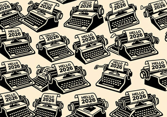 Pattern of vintage typewriters printing 'Hello 2026' for the new year.