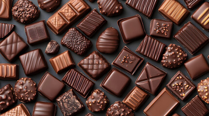 Seamless Flat Lay of Chocolate Pralines on Dark Background. Suitable for Packaging, Banners, Posters or Prints