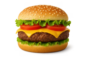 Classic cheeseburger showcasing a juicy beef patty, fresh vegetables, cheese, and a sesame bun, ready for placement