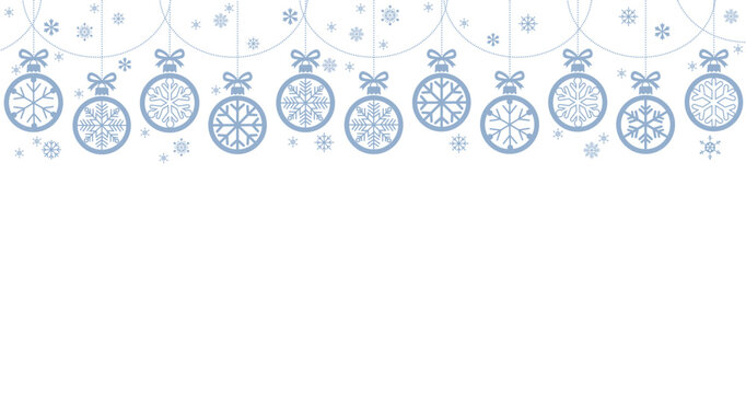 Horizontal white background template featuring a dense, seamless border of hanging blue Christmas ornaments decorated with intricate snowflake designs. Includes dotted strings, bows.
