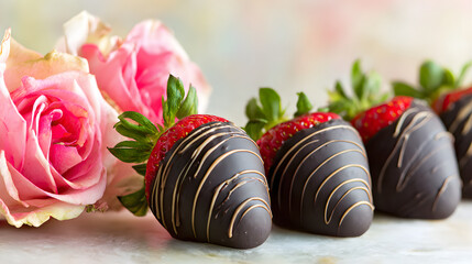 Chocolate-Covered Strawberries and Pink Roses for Romantic Valentines Poster