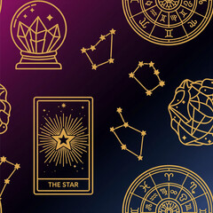 Esoteric Symbols: Crystal Ball, Tarot Card, Zodiac Wheel, and Constellations