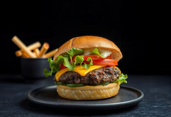 Gourmet Beef Burger with Cheese, Tomato and Lettuce on Black Plate