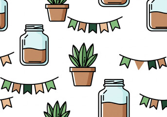 Whimsical Pattern of Potted Plants, Jars, and Bunting Flags