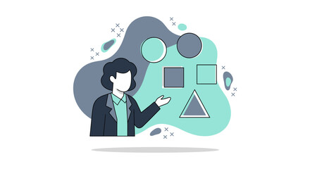 Naklejka premium A business professional presents various geometric shapes, illustrating concepts related to design, problem-solving, and creative thinking on a modern background.