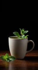 A warm, aromatic beverage in a ceramic cup, gently infused with fresh peppermint leaves, creating a delightful and calming sensory experience ,fragrant ,peppermint ,warm