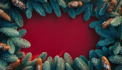 red christmas greeting card with frame of fir tree branches isolated on white or transparent
