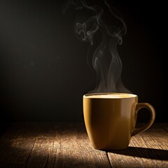 A warm, inviting cup of freshly brewed coffee sits on a rustic wooden surface, emitting a gentle steam. Perfect for morning rituals ,steaming ,beverage ,natural