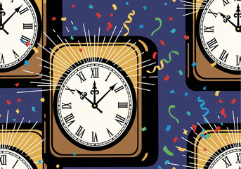 New Year's Eve Celebration with Grandfather Clocks and Confetti