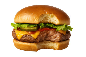 Cheeseburger with a bite taken out, showing tasty filling and fresh bun, isolated on transparent background