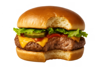 Cheeseburger with a bite taken out, showing tasty filling and fresh bun, isolated on transparent background