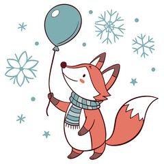 Vector illustration of a Curious Foxe with with a balloon, styled in a Winter theme using Winter Wonderland colors