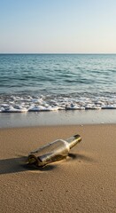 A weathered glass bottle rests partially buried in wet sand at the water's edge, ocean waves gently lapping nearby on a quiet, remote beach ,element ,outdoors ,remote