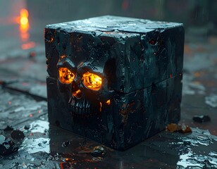 A stone cube, carved with a skull, sits in the rain. Its eye sockets glow with fiery orange light. The background is a blurry city