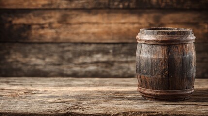 Naklejka premium Rustic Wooden Wine Barrel in Front of an Old Barn With Warm Tones