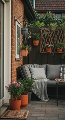A welcoming outdoor living space adorned with cozy decorations and vibrant potted plants, creating an inviting atmosphere ,picturesque ,cozy ,aesthetic