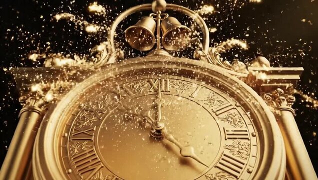 Golden Clock Striking Midnight with Explosive Sparkles and Festive Bells.